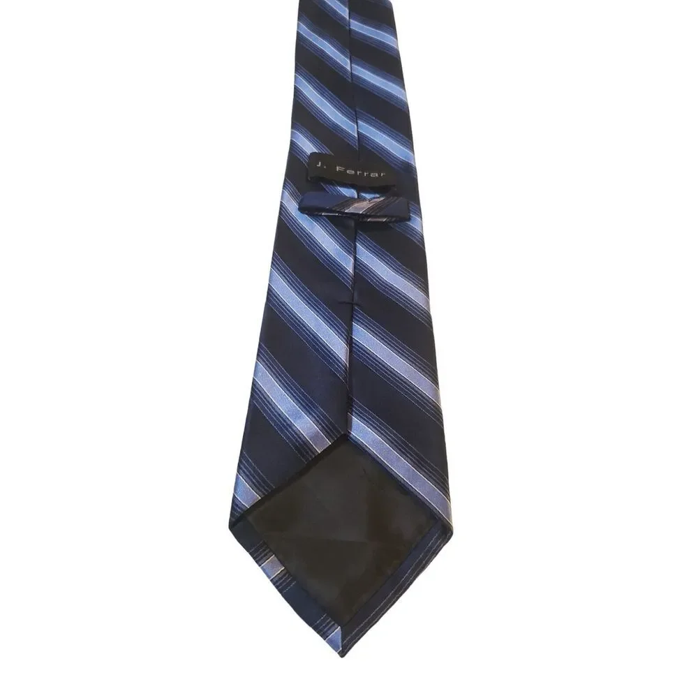 J. Ferrar 100% Silk Neck Tie Navy Blue & Lt Blue Stripes‎ Men Necktie